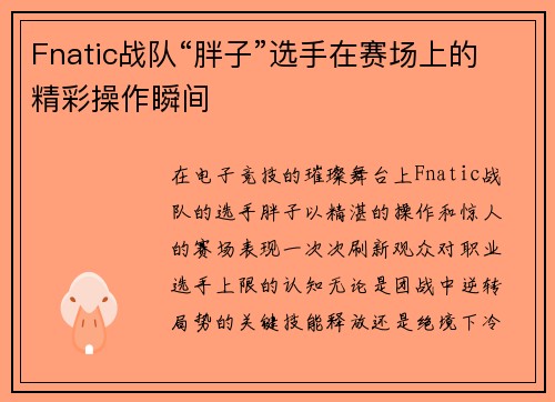 Fnatic战队“胖子”选手在赛场上的精彩操作瞬间